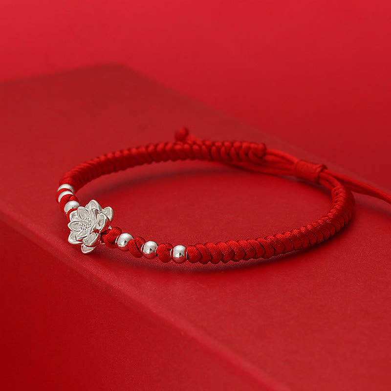 Handmade 999 Sterling Silver Lotus Charm Red String Bracelet