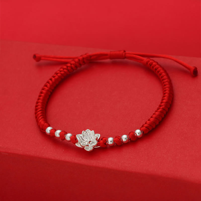 Handmade 999 Sterling Silver Lotus Charm Red String Bracelet