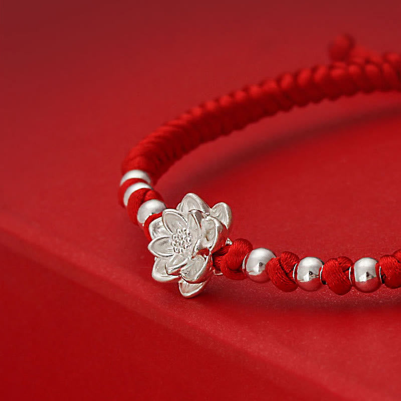 Handmade 999 Sterling Silver Lotus Charm Red String Bracelet