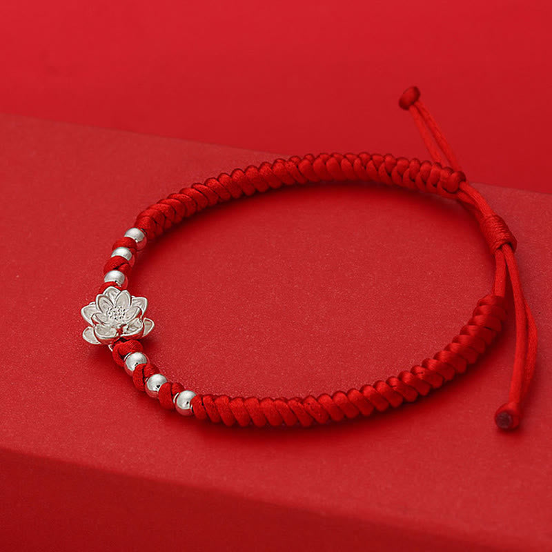 Handmade 999 Sterling Silver Lotus Charm Red String Bracelet
