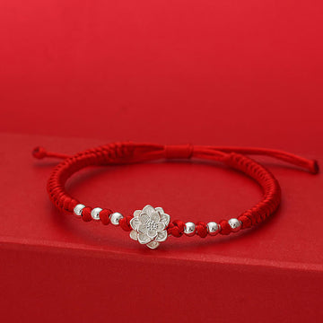 Handmade 999 Sterling Silver Lotus Charm Red String Bracelet