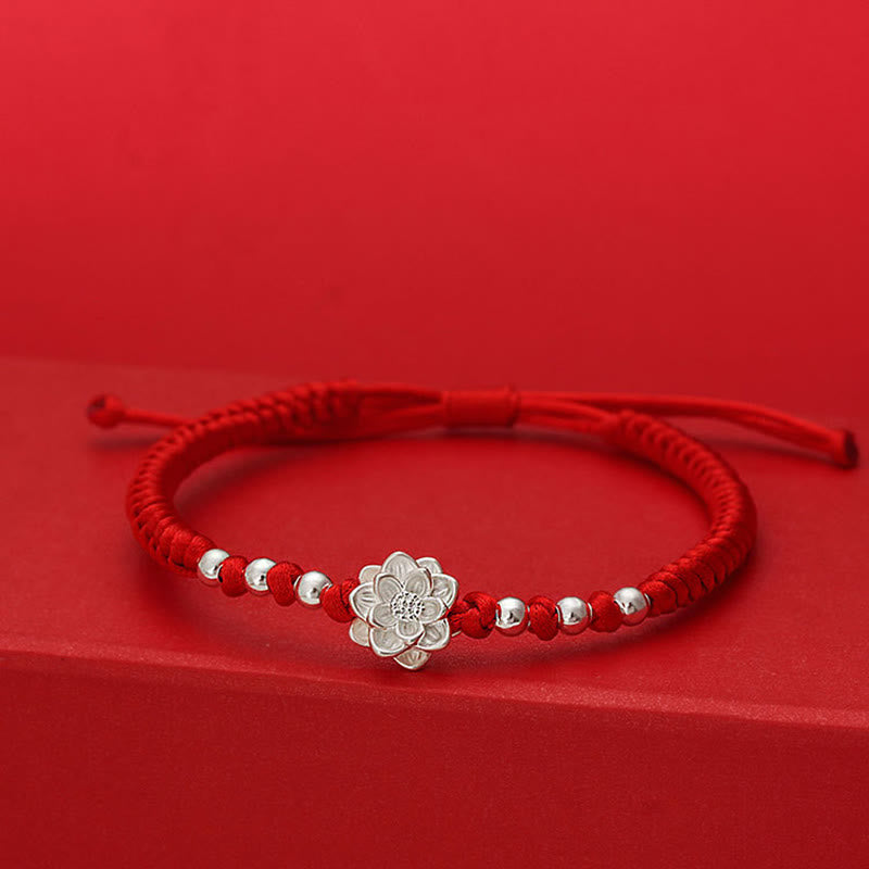 Handmade 999 Sterling Silver Lotus Charm Red String Bracelet