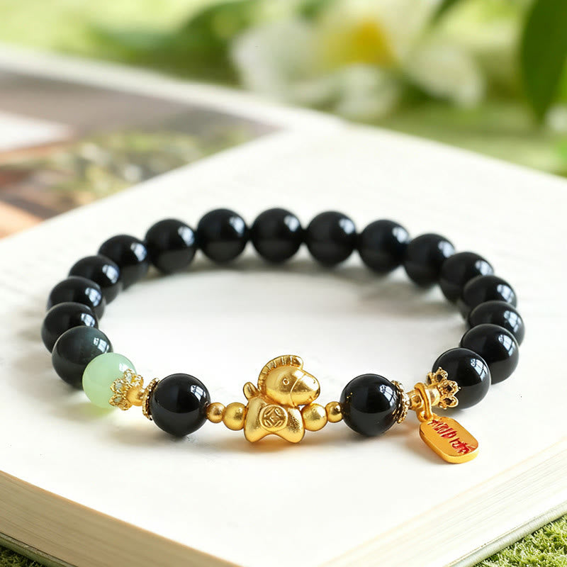 Year Of The Horse Hetian Jade Black Obsidian Red Agate Strength Bracelet