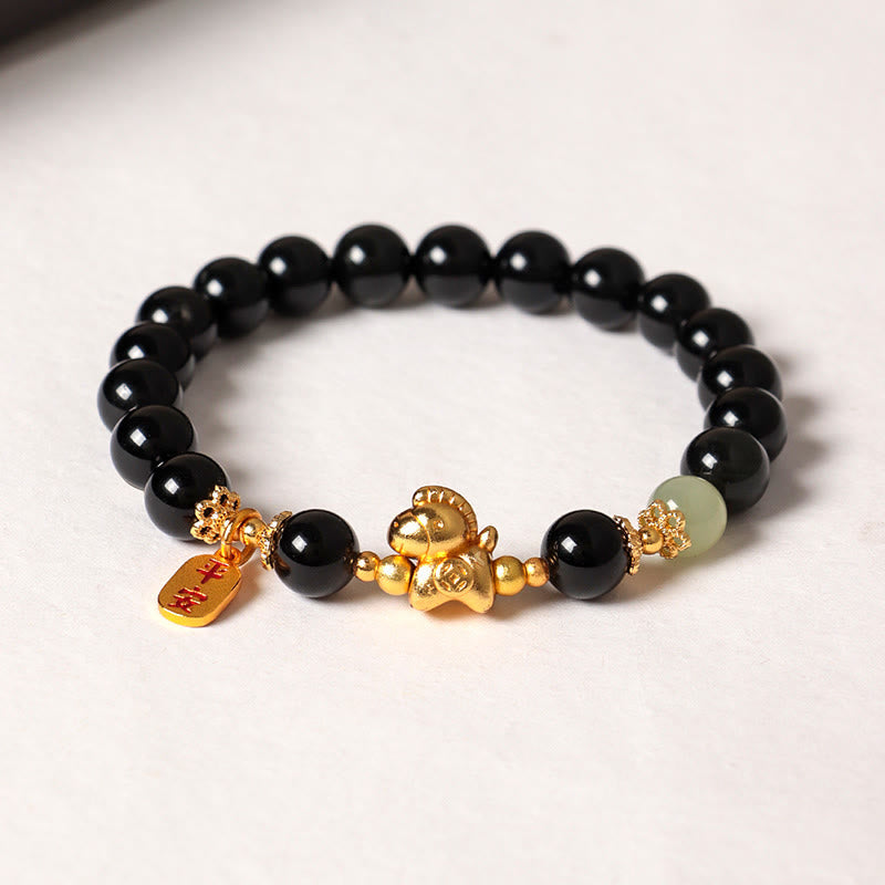 Year Of The Horse Hetian Jade Black Obsidian Red Agate Strength Bracelet