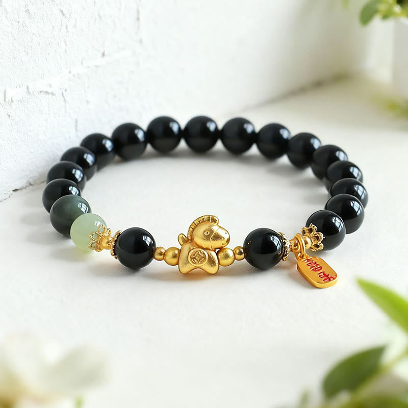 Year Of The Horse Hetian Jade Black Obsidian Red Agate Strength Bracelet