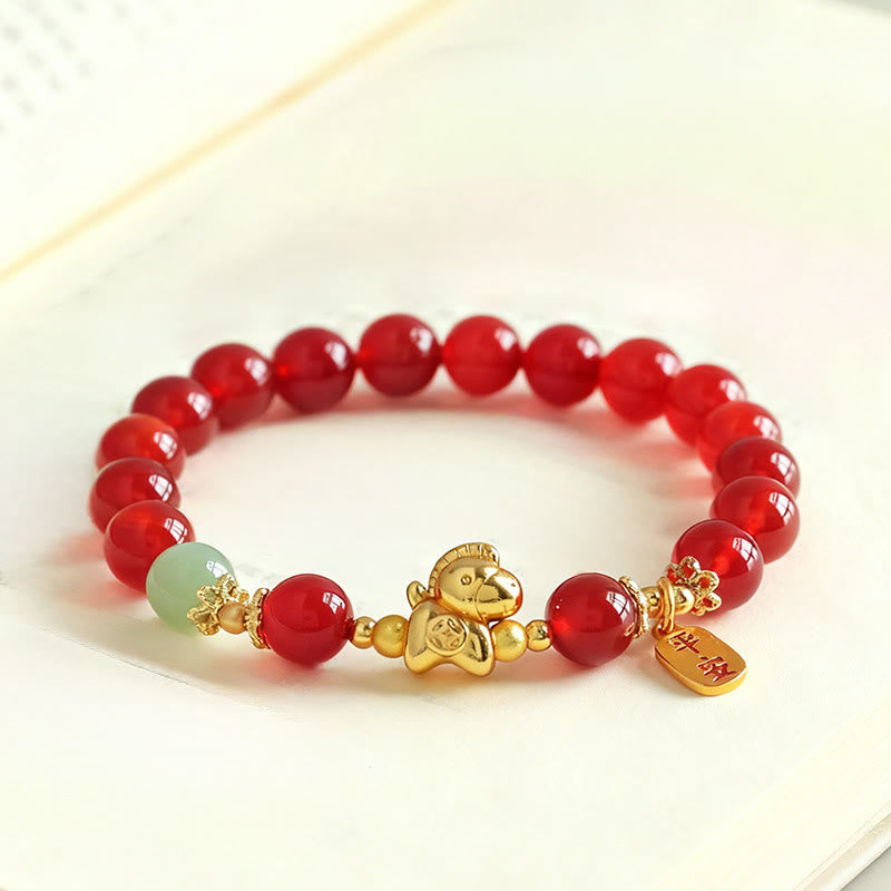 Year Of The Horse Hetian Jade Black Obsidian Red Agate Strength Bracelet