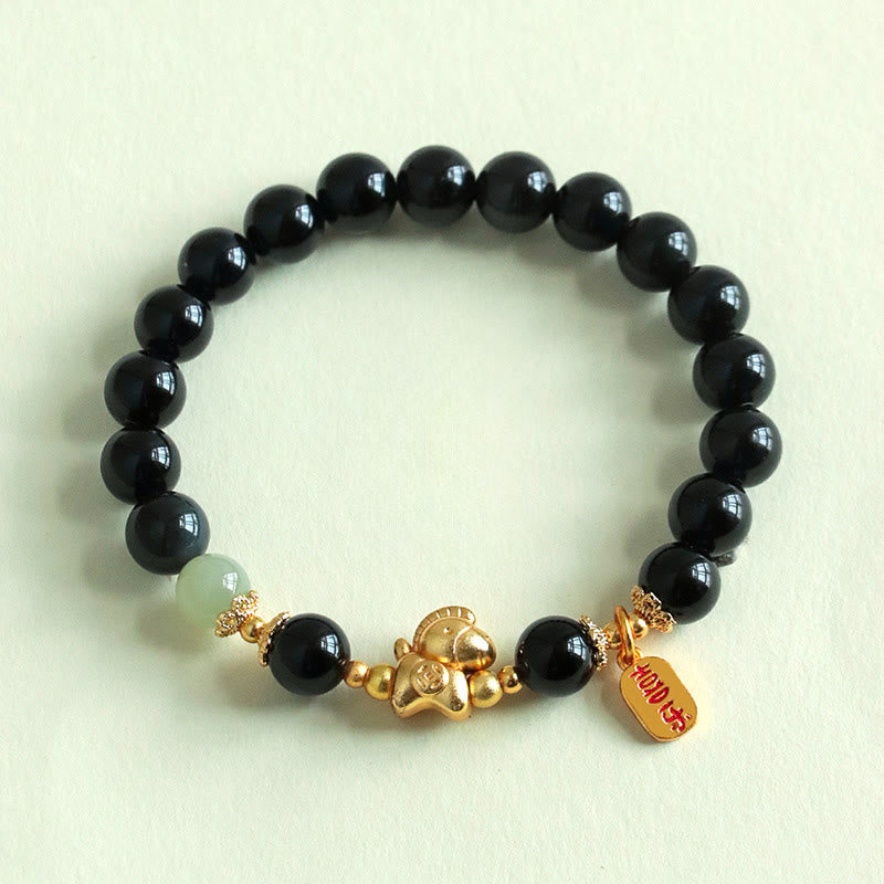 Year Of The Horse Hetian Jade Black Obsidian Red Agate Strength Bracelet