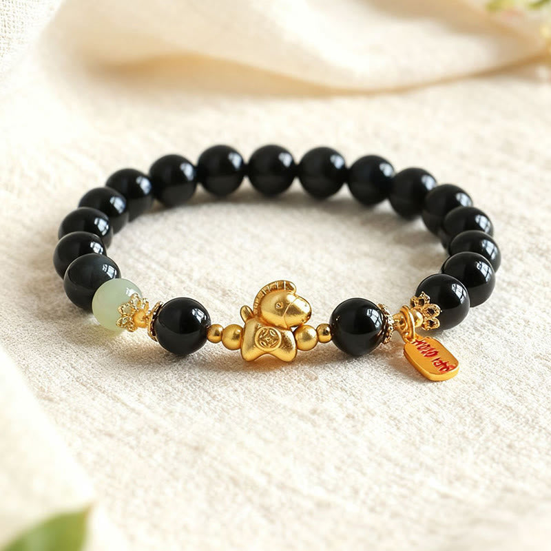 Year Of The Horse Hetian Jade Black Obsidian Red Agate Strength Bracelet