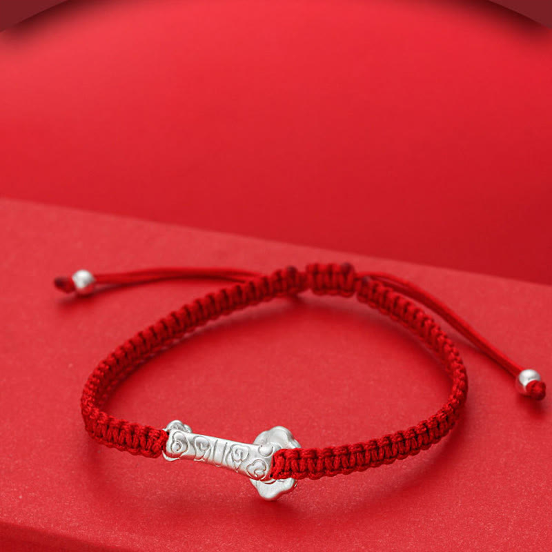 999 Sterling Silver Ruyi and Fu Character Braided Red String Bracelet