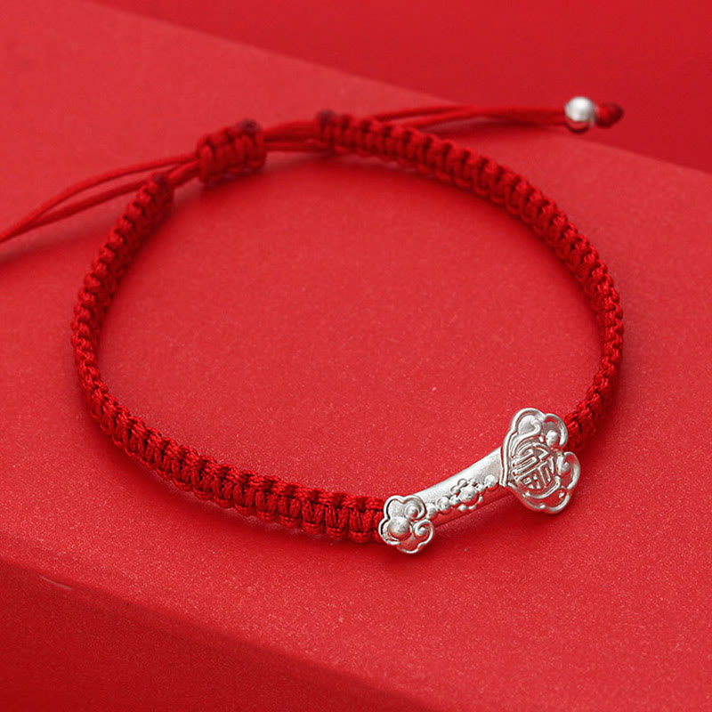 999 Sterling Silver Ruyi and Fu Character Braided Red String Bracelet