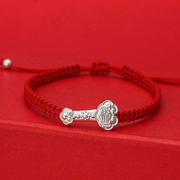 999 Sterling Silver Ruyi and Fu Character Braided Red String Bracelet