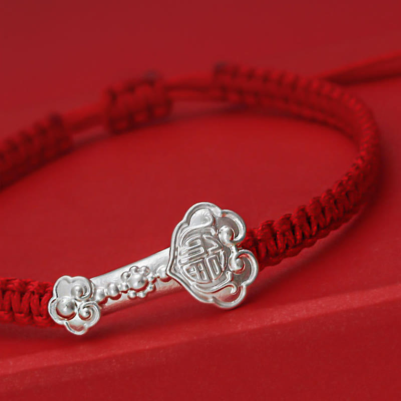 999 Sterling Silver Ruyi and Fu Character Braided Red String Bracelet