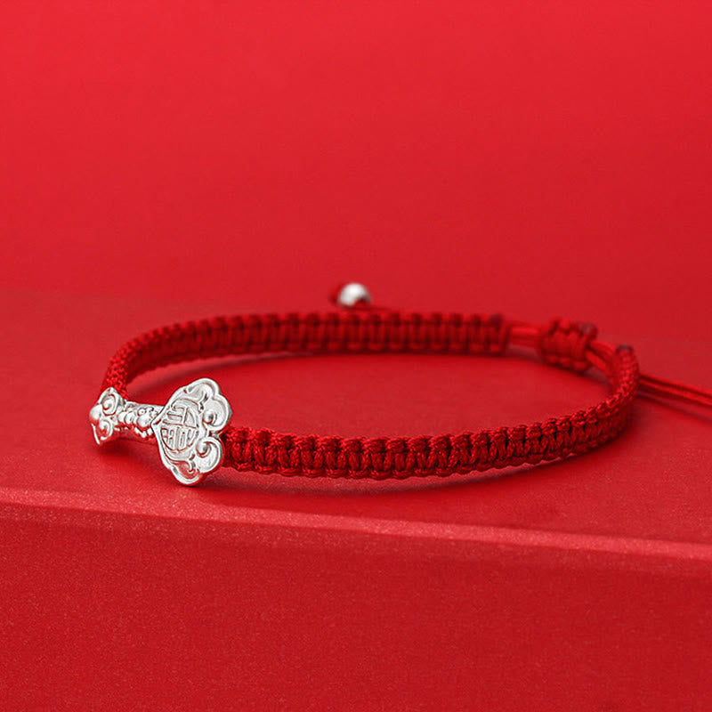 999 Sterling Silver Ruyi and Fu Character Braided Red String Bracelet