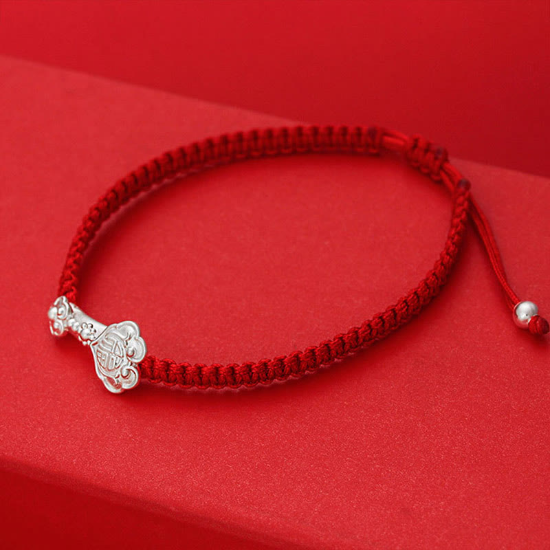 999 Sterling Silver Ruyi and Fu Character Braided Red String Bracelet