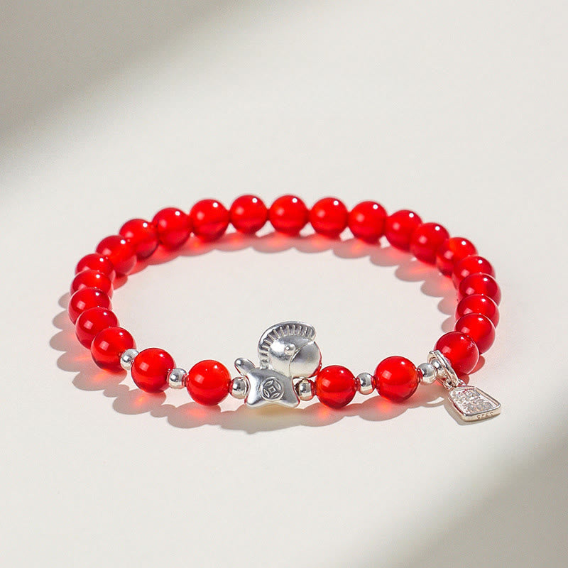 Year Of The Horse Black Obsidian Red Agate Pink Crystal Silver Fulfilment Bracelet