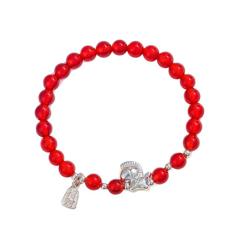 Year Of The Horse Black Obsidian Red Agate Pink Crystal Silver Fulfilment Bracelet