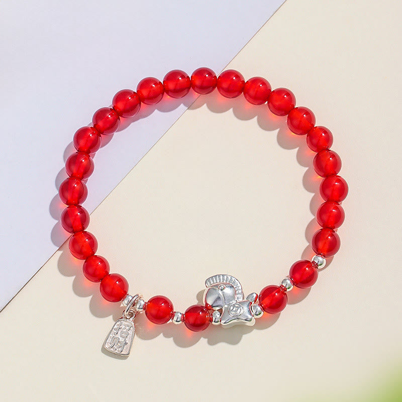 Year Of The Horse Black Obsidian Red Agate Pink Crystal Silver Fulfilment Bracelet