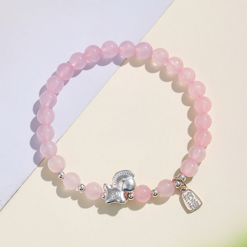 Year Of The Horse Black Obsidian Red Agate Pink Crystal Silver Fulfilment Bracelet