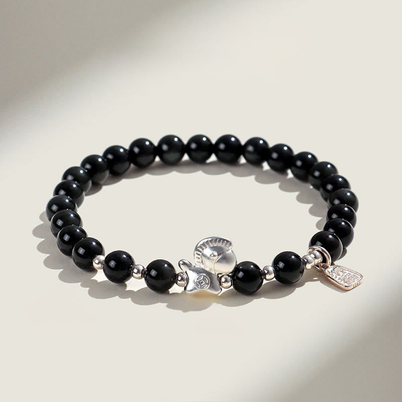 Year Of The Horse Black Obsidian Red Agate Pink Crystal Silver Fulfilment Bracelet