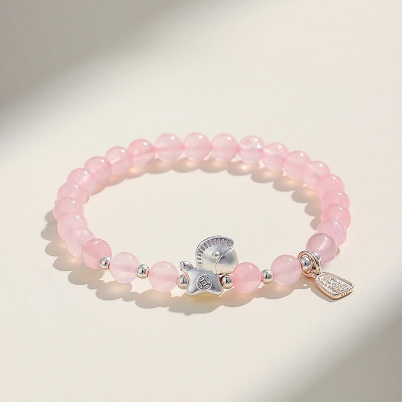 Year Of The Horse Black Obsidian Red Agate Pink Crystal Silver Fulfilment Bracelet