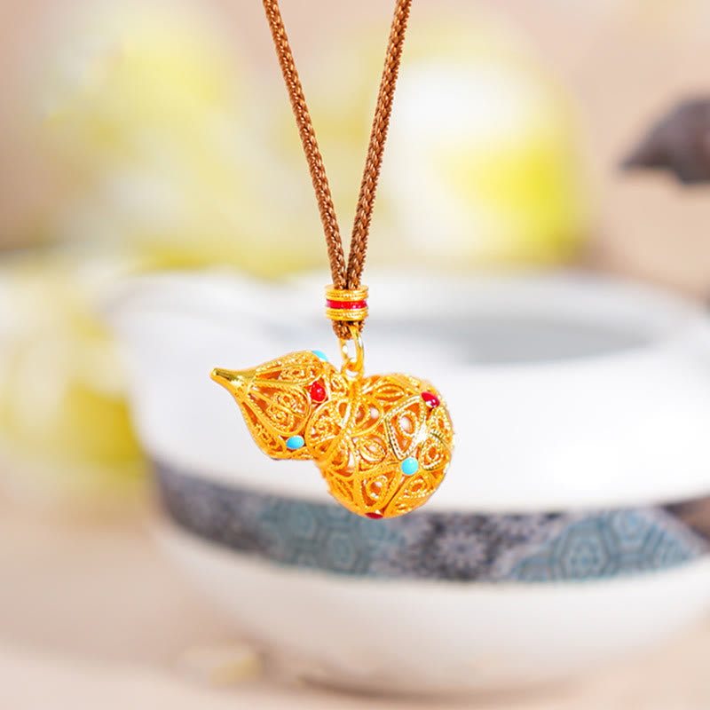 Hollow Gourd Design 24k Gold Plated Brass Rope Necklace Pendant