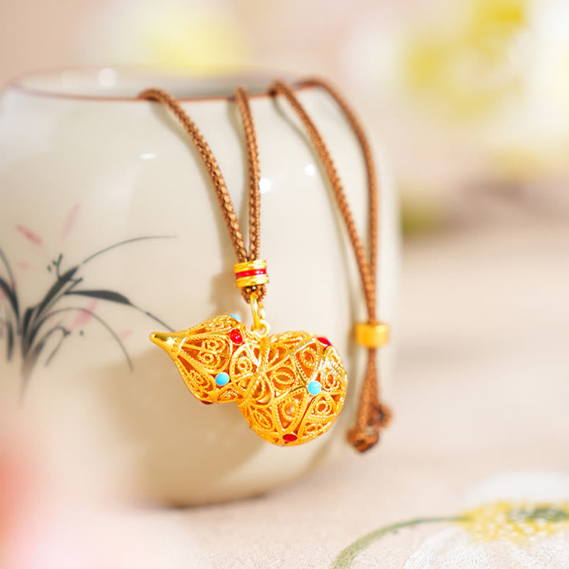 Hollow Gourd Design 24k Gold Plated Brass Rope Necklace Pendant