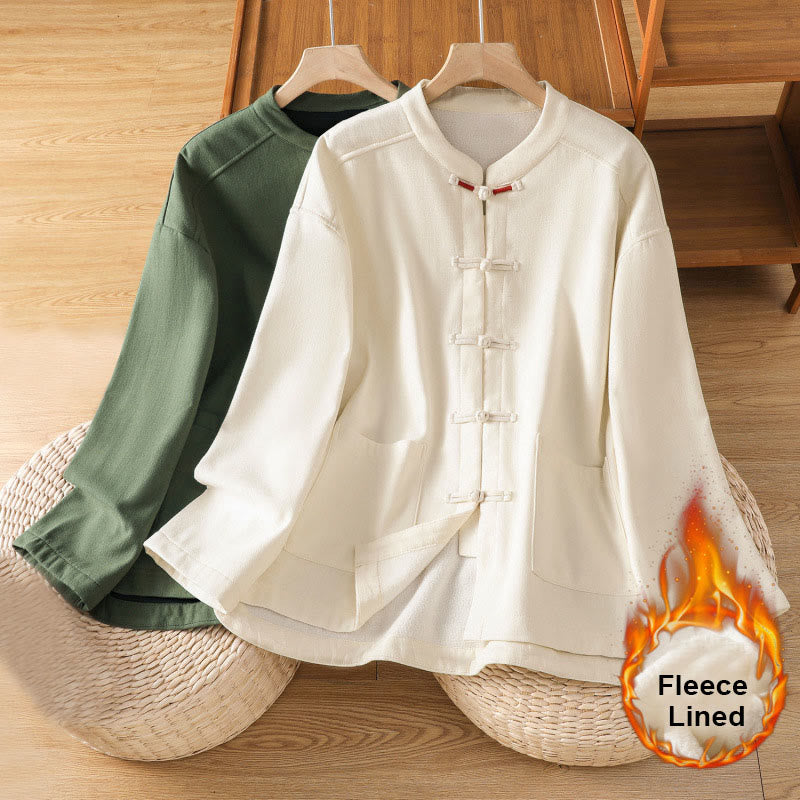 Winter Frog-button Long Sleeve Cotton Fleece Lined Women's Thermal Jacket With Pockets