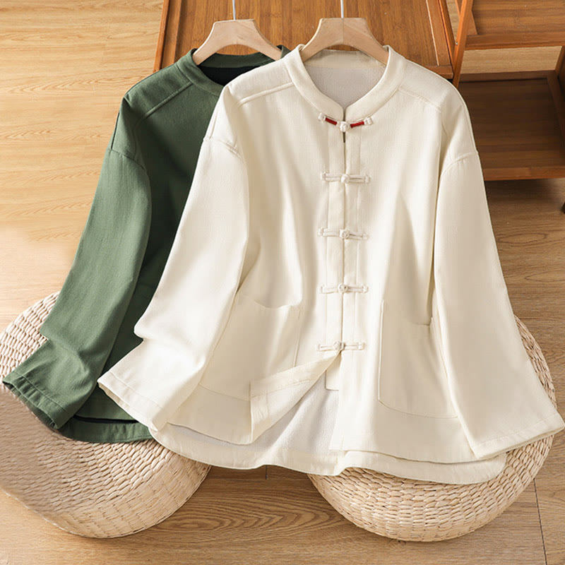 Winter Frog-button Long Sleeve Cotton Fleece Lined Women's Thermal Jacket With Pockets