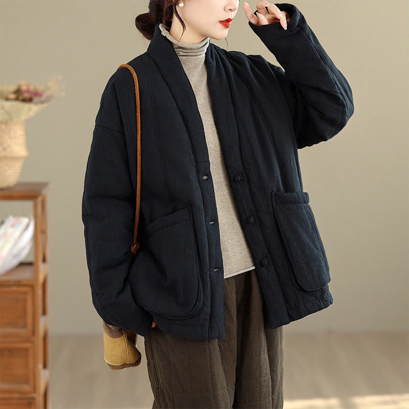 Winter Solid Long Sleeve Cotton Women's Thermal Jacket With Pockets