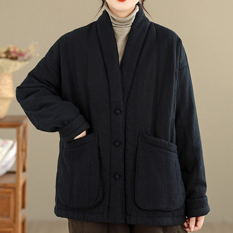 Winter Solid Long Sleeve Cotton Women's Thermal Jacket With Pockets
