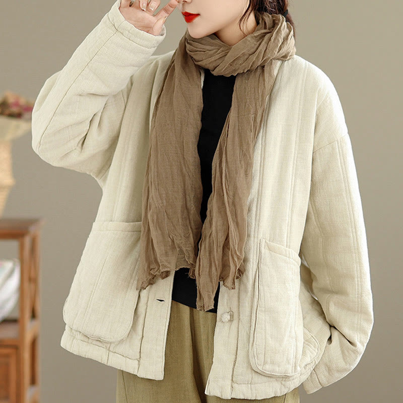 Winter Solid Long Sleeve Cotton Women's Thermal Jacket With Pockets