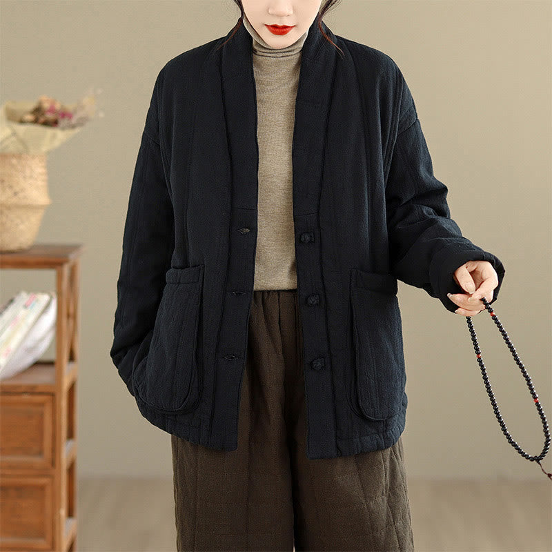 Winter Solid Long Sleeve Cotton Women's Thermal Jacket With Pockets