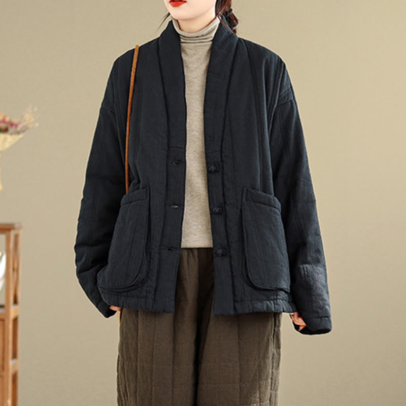 Winter Solid Long Sleeve Cotton Women's Thermal Jacket With Pockets