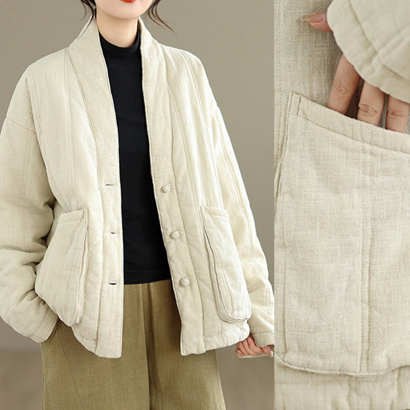 Winter Solid Long Sleeve Cotton Women's Thermal Jacket With Pockets