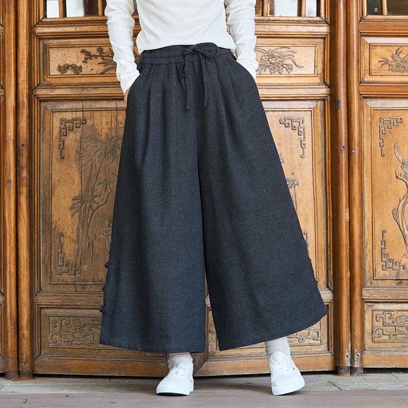 Winter Chinese Frog-Button Design Corduroy Thermal Men's Wide Leg Pants With Pockets