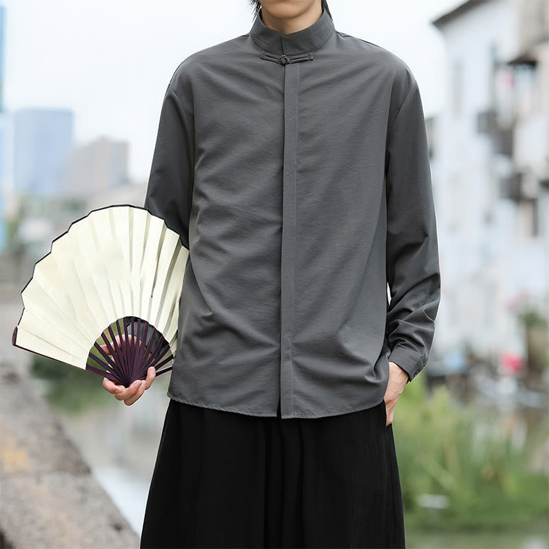 Minimalist Cotton Stand Collar Long Sleeve Meditation Shirt