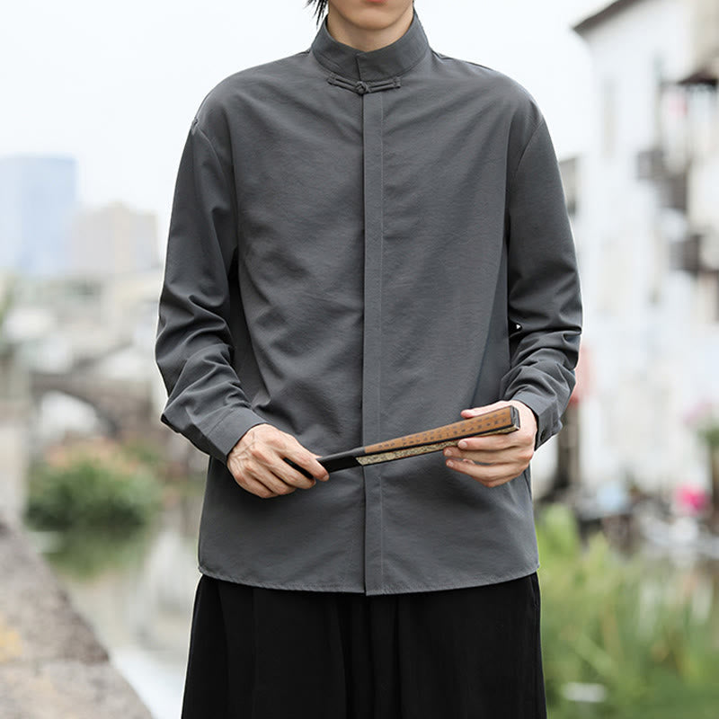 Minimalist Cotton Stand Collar Long Sleeve Meditation Shirt