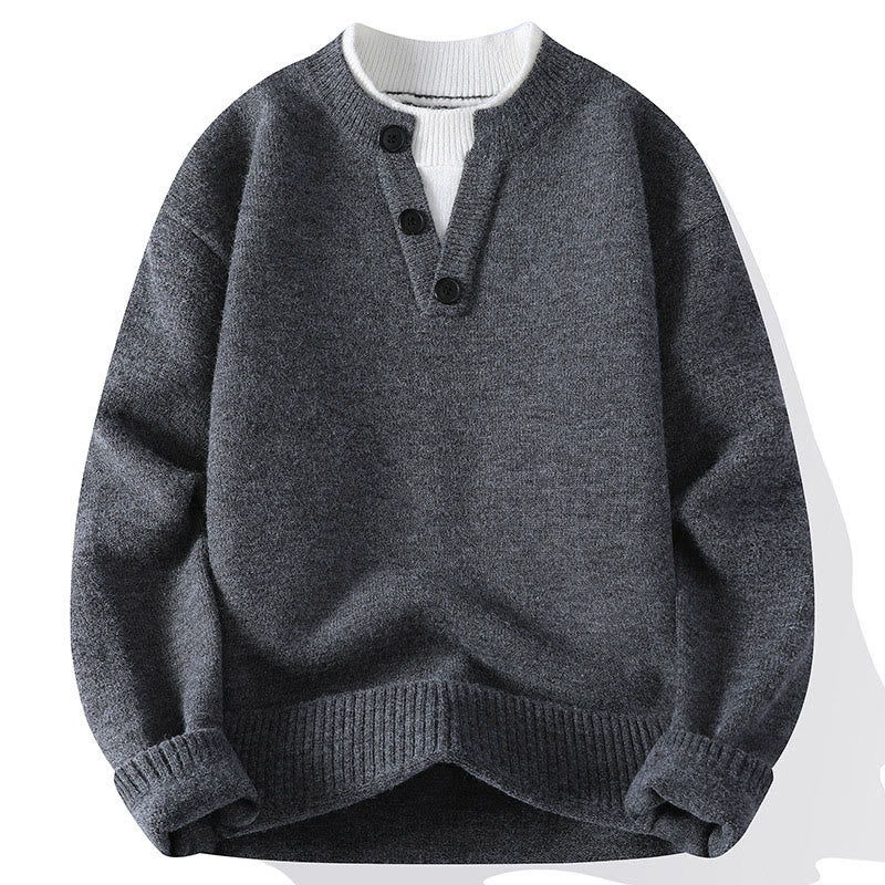 Winter Buttons Crew Neck Design Warm Men's Long Sleeve Knitted Sweater