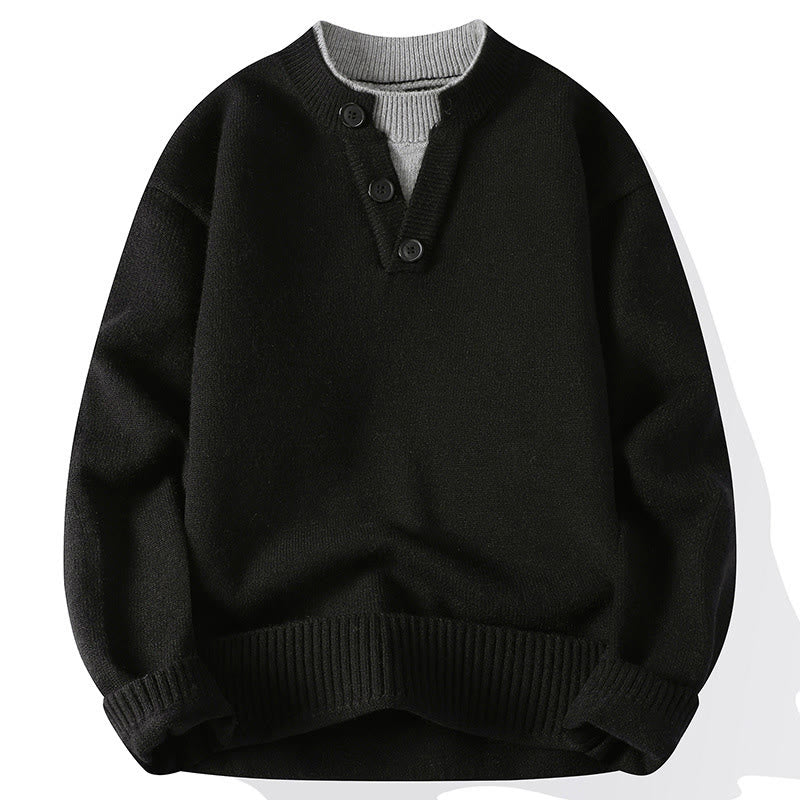 Winter Buttons Crew Neck Design Warm Men's Long Sleeve Knitted Sweater