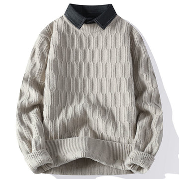 Winter Black Stand Collar Lines Design Warm Men's Long Sleeve Knitted Sweater