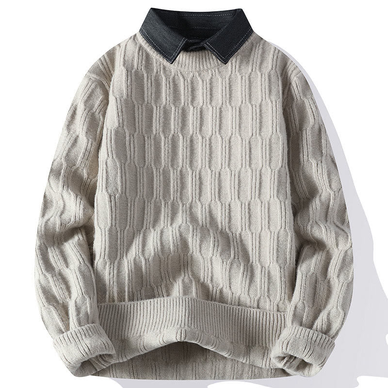 Winter Black Stand Collar Lines Design Warm Men's Long Sleeve Knitted Sweater