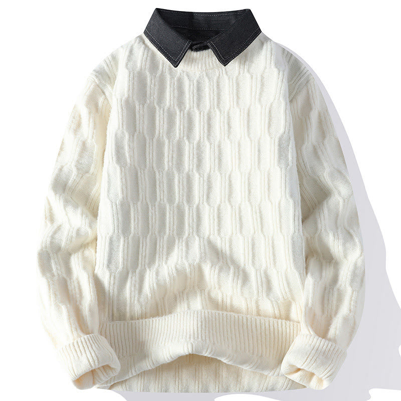 Winter Black Stand Collar Lines Design Warm Men's Long Sleeve Knitted Sweater