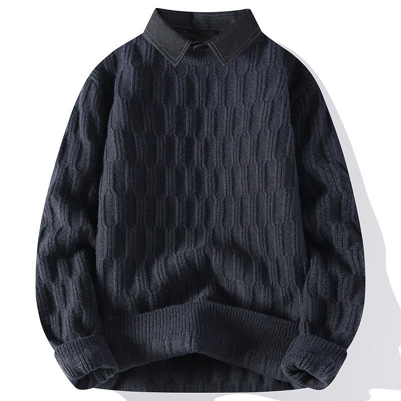 Winter Black Stand Collar Lines Design Warm Men's Long Sleeve Knitted Sweater