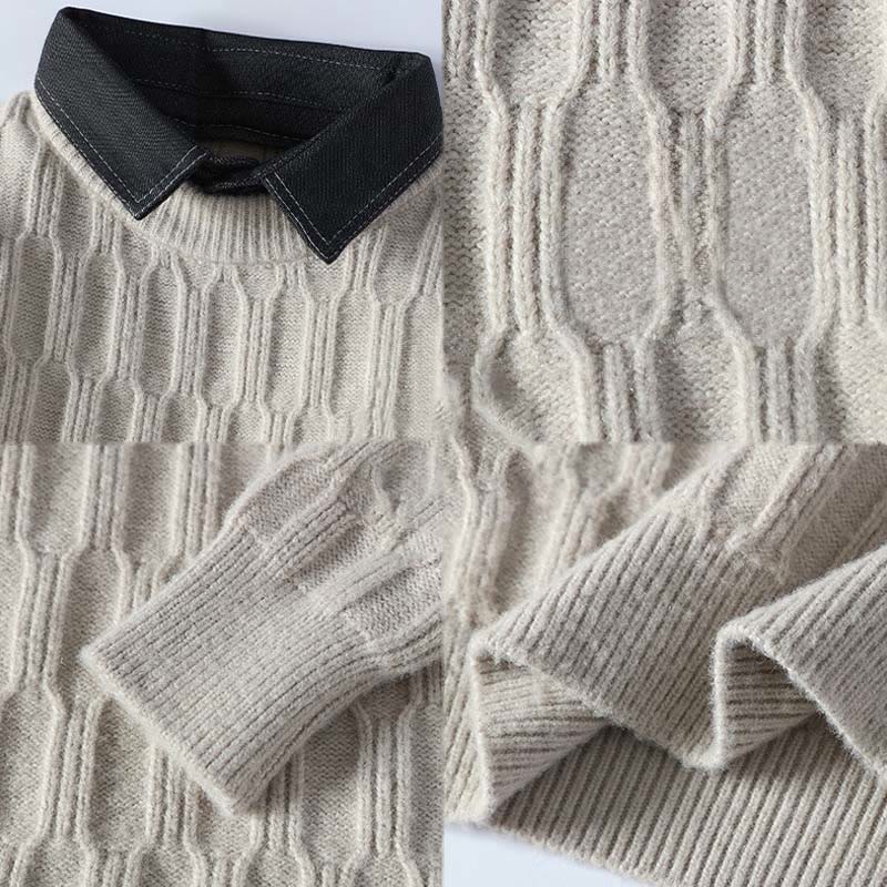 Winter Black Stand Collar Lines Design Warm Men's Long Sleeve Knitted Sweater