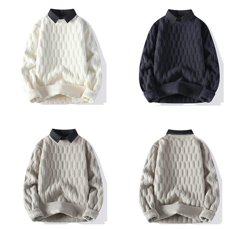 Winter Black Stand Collar Lines Design Warm Men's Long Sleeve Knitted Sweater