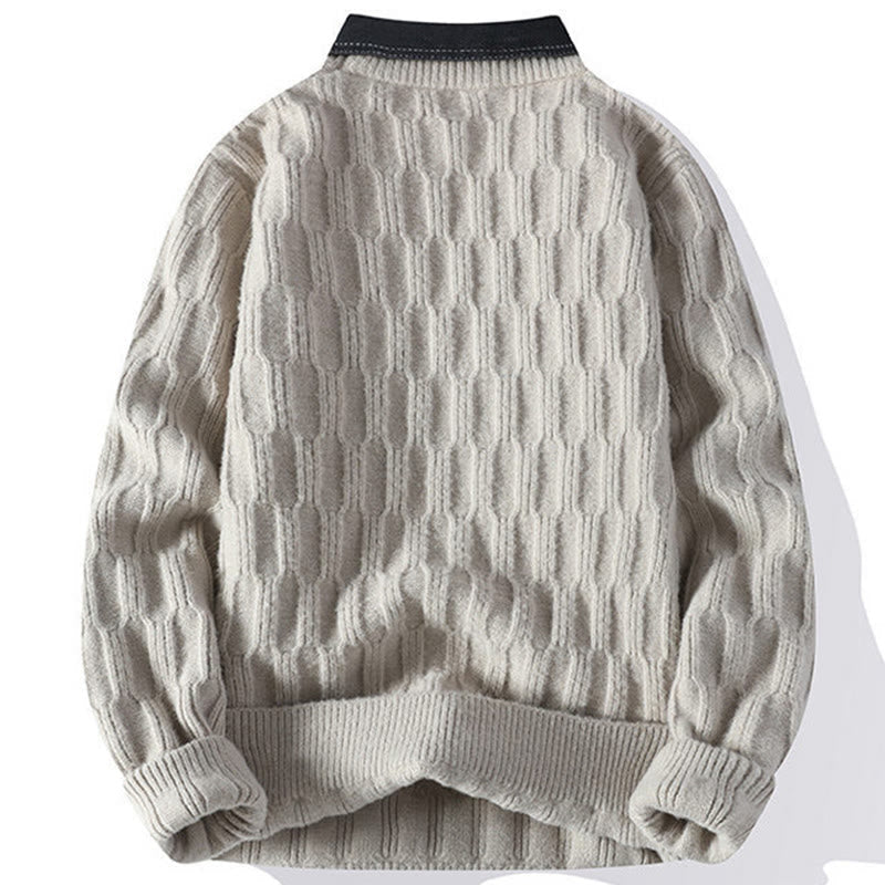 Winter Black Stand Collar Lines Design Warm Men's Long Sleeve Knitted Sweater