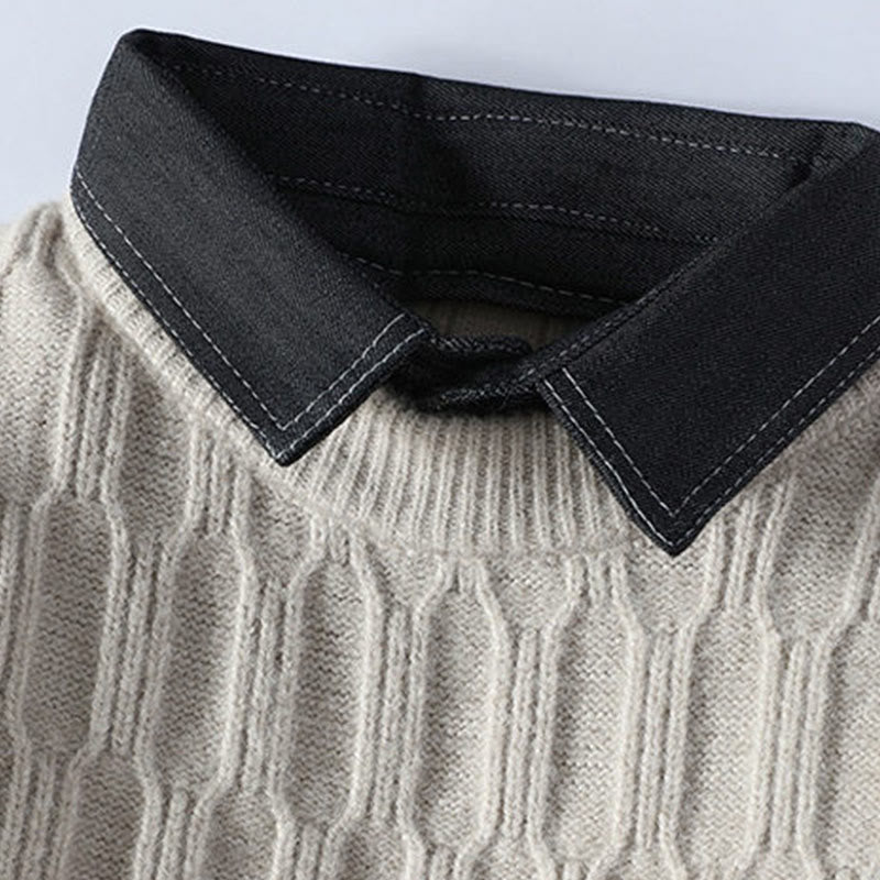 Winter Black Stand Collar Lines Design Warm Men's Long Sleeve Knitted Sweater