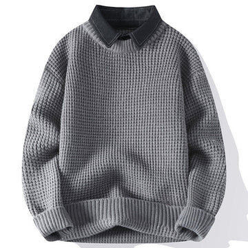 Winter Black Stand Collar Waffle Pattern Warm Men's Long Sleeve Knitted Sweater