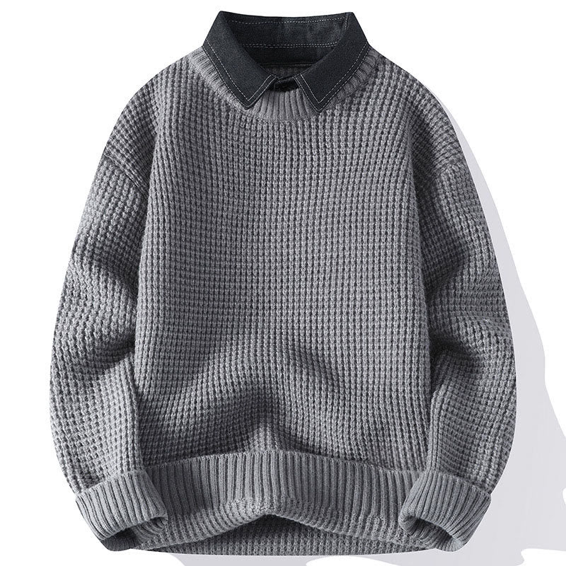 Winter Black Stand Collar Waffle Pattern Warm Men's Long Sleeve Knitted Sweater