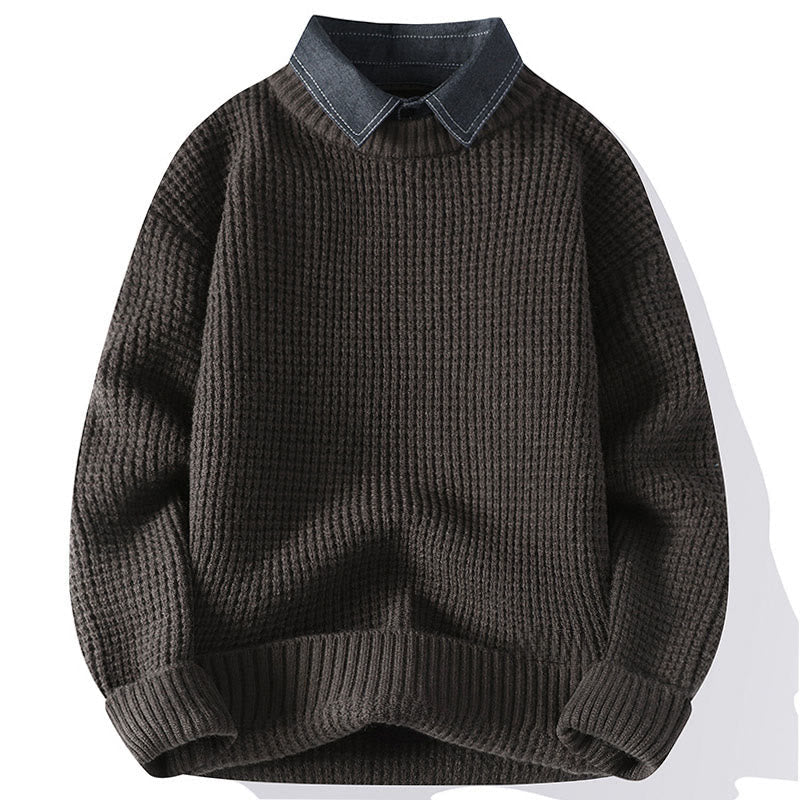 Winter Black Stand Collar Waffle Pattern Warm Men's Long Sleeve Knitted Sweater